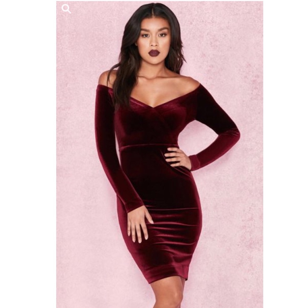 House of CB Martinella Wine Velvet Shoulder Dress